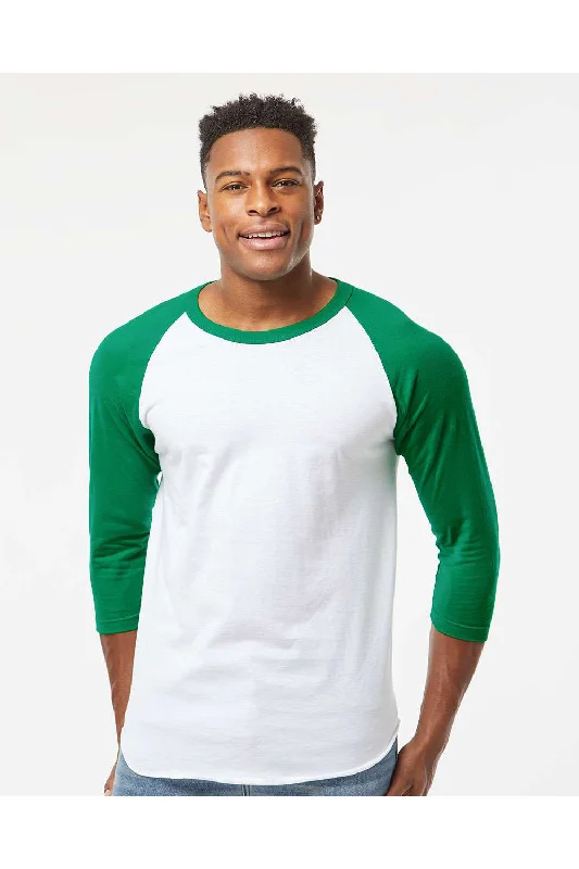 Tultex Mens Fine Jersey Raglan 3/4 Sleeve Crewneck T-Shirt - White/Kelly Green