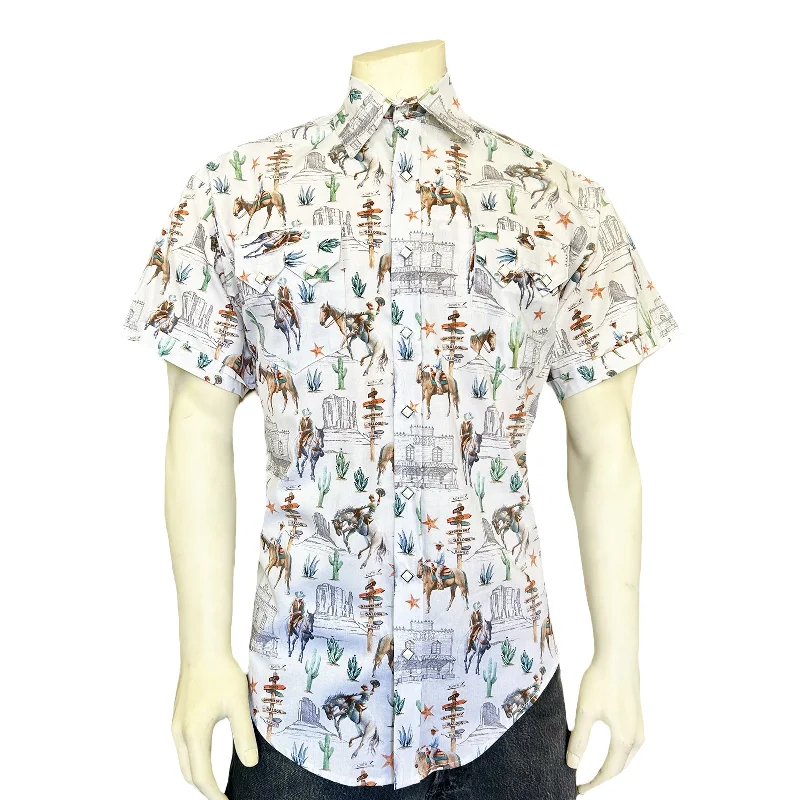 Men’s White Cactus & Cowboys Print Short Sleeve Western Shirt