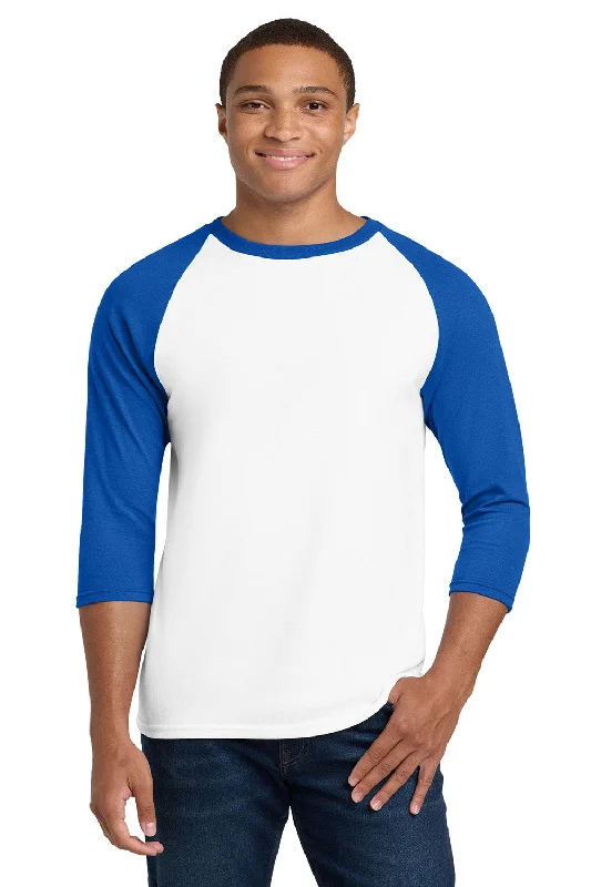 Gildan Mens 3/4 Sleeve Crewneck T-Shirt - White/Royal Blue