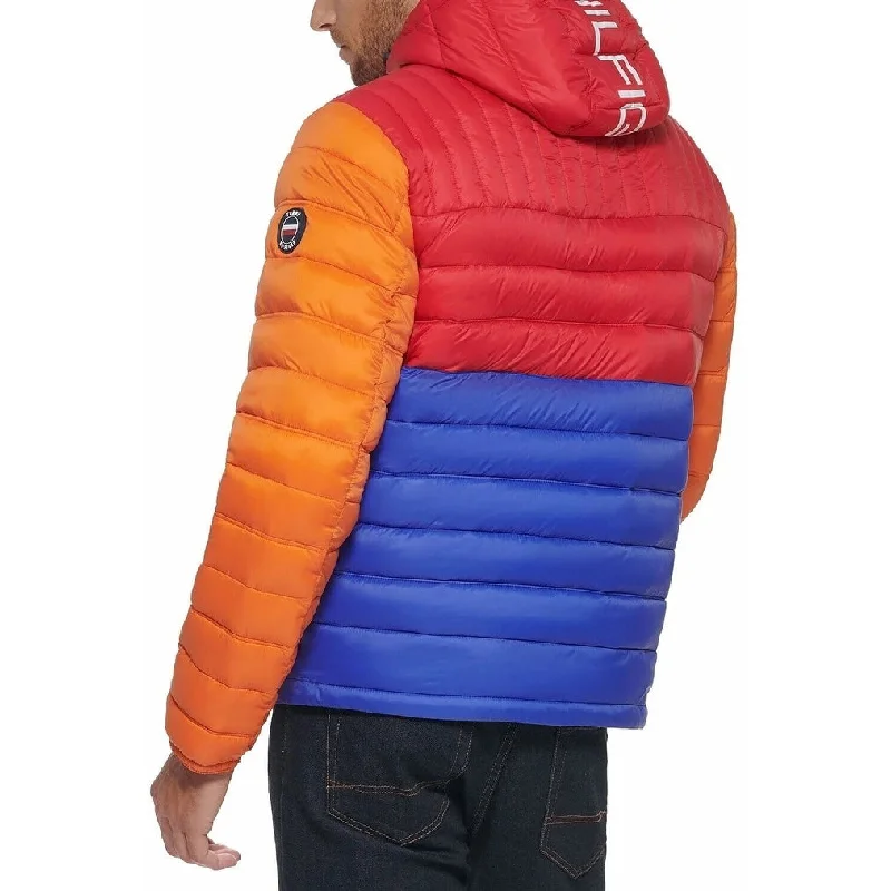 Tommy Hilfiger Men's Quilted Colorblock Hooded Puffer Jacket Orange Size Xx-Large