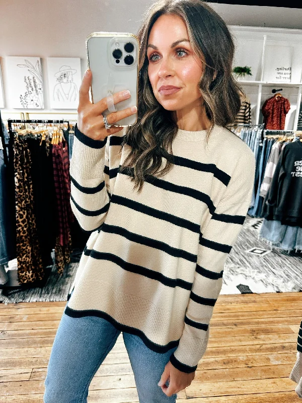 Almond Stripe Side Slit Sweater