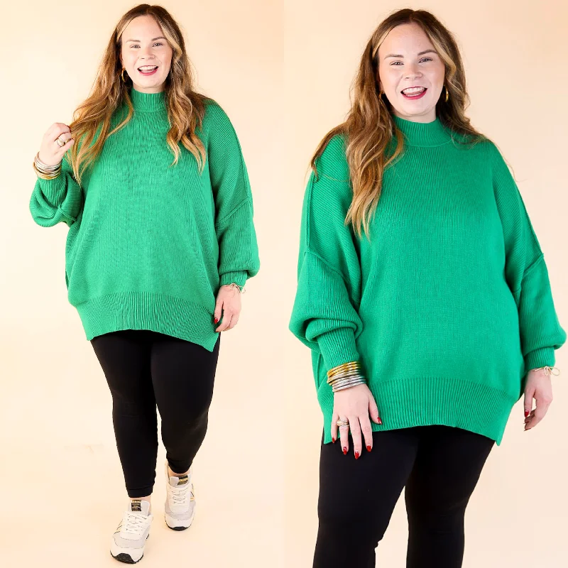 Snug and Stylish Mock Neck Sweater with Side Slit in Kelly Green