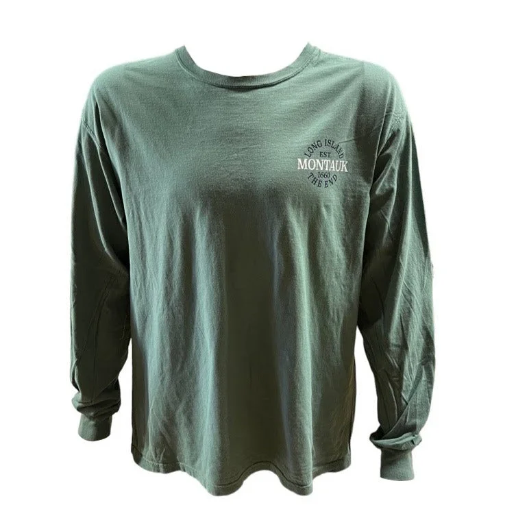 Men's Wild West Montauk The End Striped Bass Long Sleeve Tee Shirt in Green