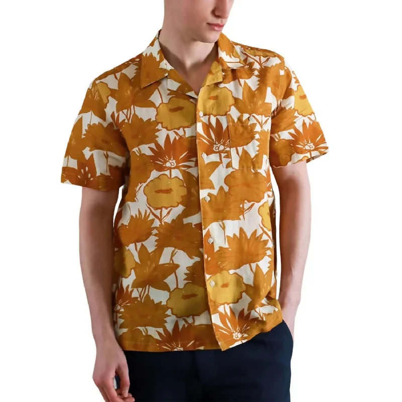 Selleck Short Sleeve Shirt Flower Collage Print In Honey Gold